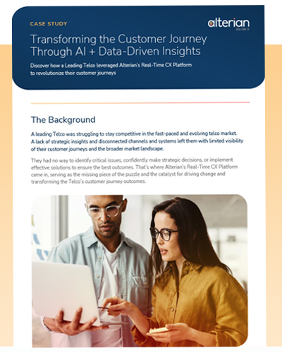 Cover of the Alterian telco case study PDF, "Transforming the Customer Journey Through AI + Data-Driven Insights"