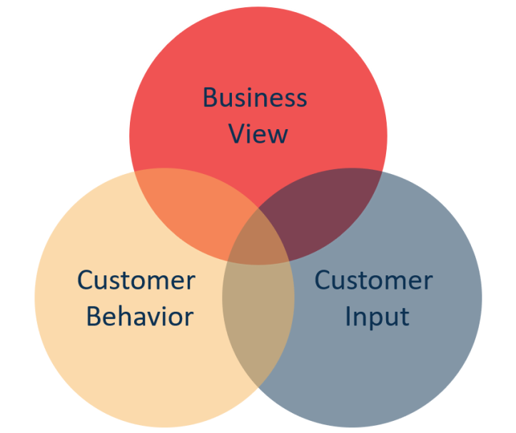 Venn diagram of the three things needed to understand customer journeys: business view, customer behavior and customer input