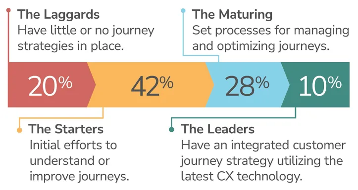 Bar showing CX maturity levels: Laggards 20%, Starters 42%, Maturing 28%, Leaders 10%, each with a short definition